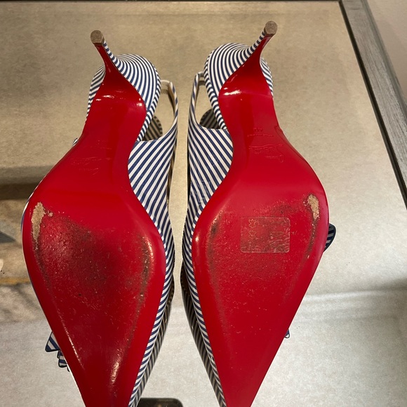Christian Louboutin Blue White Clare Nodo Striped Side Bow Slingback Heels Pumps - Picture 6 of 6